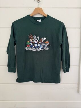 Y2K Warner Bros Looney Tunes Soccer Long Sleeve Shirt Youth M 7/8 Vintage Green
